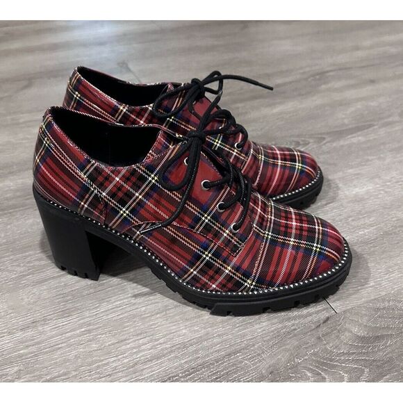 Jessica Simpson Resina Oxford Red Plaid Rhinestone Embellished Women's Size 8 - Picture 2 of 8
